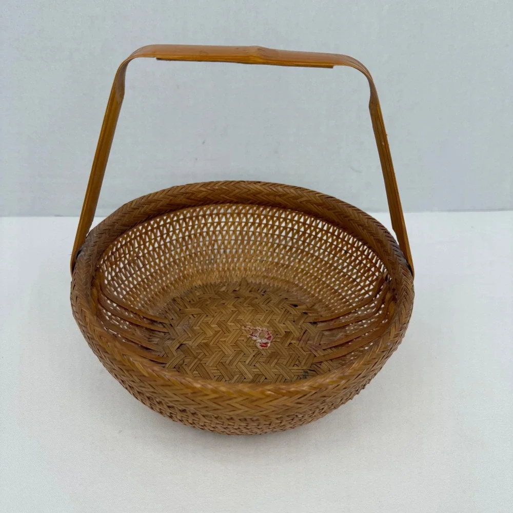 Vintage Woven Bamboo Basket Round Arched Handle Star Base Brown 8.5 Inch